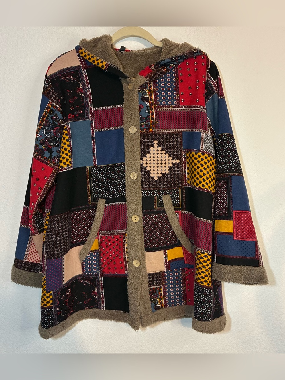 PRINTED PATCHWORK BUTTON DOWN BOHEMIAN HOODED JACKET, 1XL